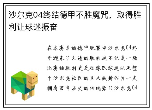 沙尔克04终结德甲不胜魔咒，取得胜利让球迷振奋