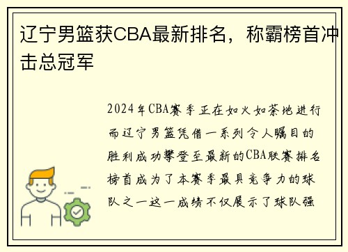 辽宁男篮获CBA最新排名，称霸榜首冲击总冠军